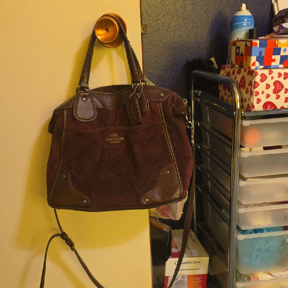 Coach Burgundy Suede Shoulder Bag with Leather Trim